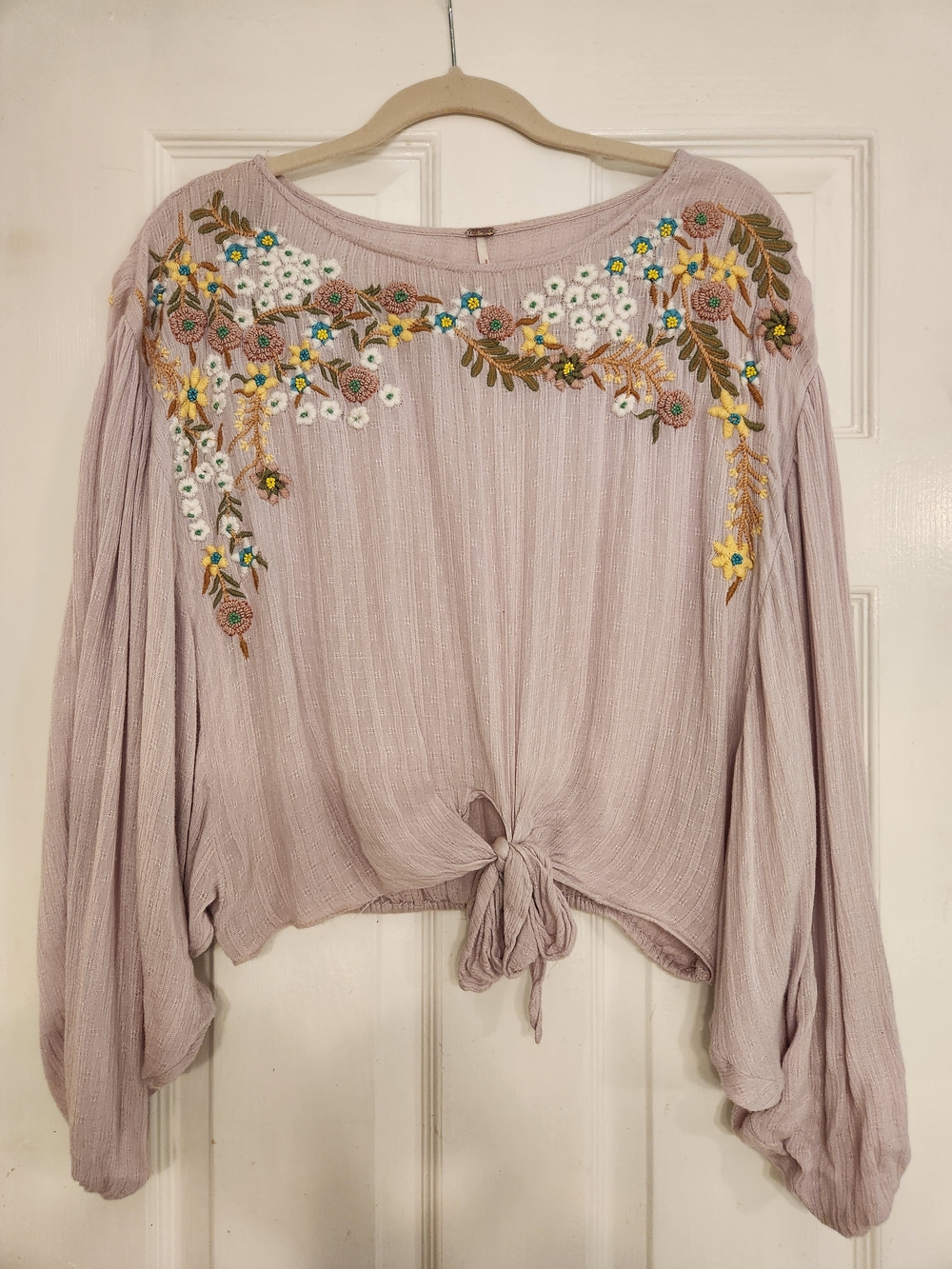 Anthropologie Soft Pink Embroidered Tie-Front Tunic